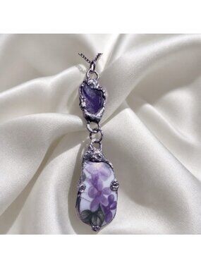 Broken China Violets & Stained Glass Pendant | Silver Cage Necklace | Alma Antig